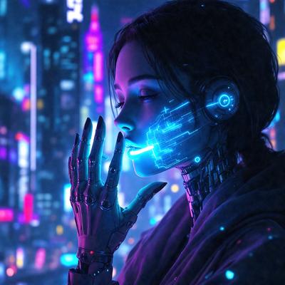 The primary subject of the image is a woman with a futuristic, cyberpunk appearance. She is wearing a blue and purple outfit and has a blue light illuminating her face. The setting is a futuristic cityscape with a backdrop of neon lights and a purple sky. The visual style is a combination of digital art and illustration, creating a surreal and captivating scene. The colors and mood of the image are predominantly blue and purple, giving it a